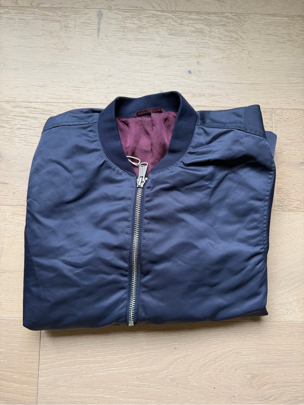 Saturdays NYC Julian Satin Bomber Jacket Midnight Navy L